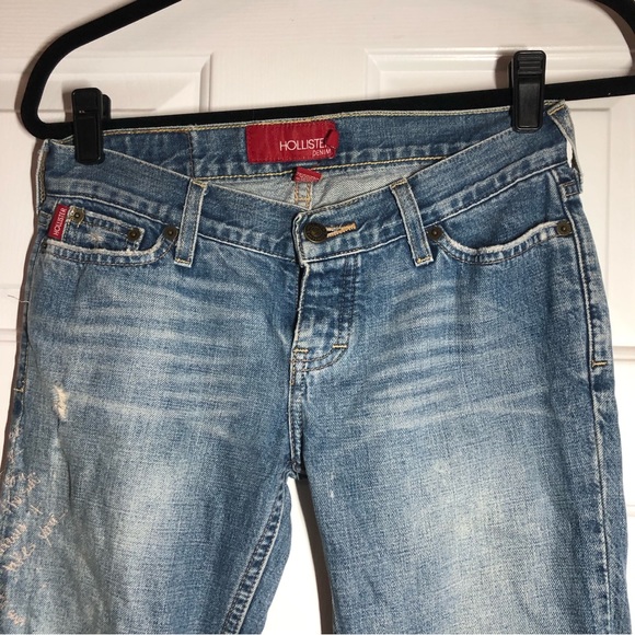 Hollister Y2K Low Rise Distressed Embroidered Beaded Medium wash Flare Jeans - Picture 3 of 9